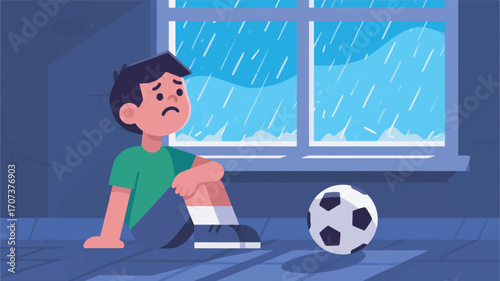 illustration of a boy sitting with a sad face looking at the rain from the window vector design template