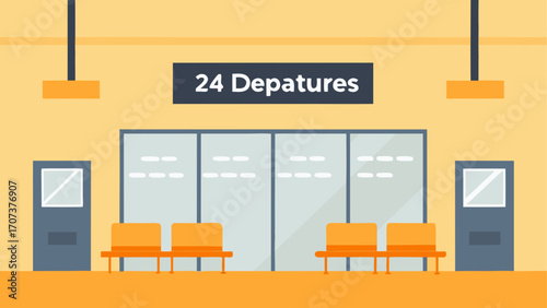 Airport departures area with seating and information display