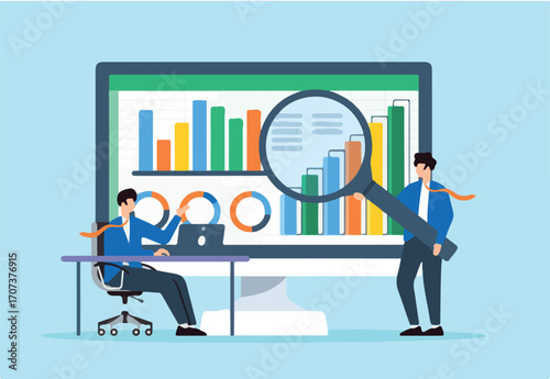 Forecasting financial modeling performance, budgeting, and scenario planning concept vector illustration. Business analysts working with spreadsheets and graphs