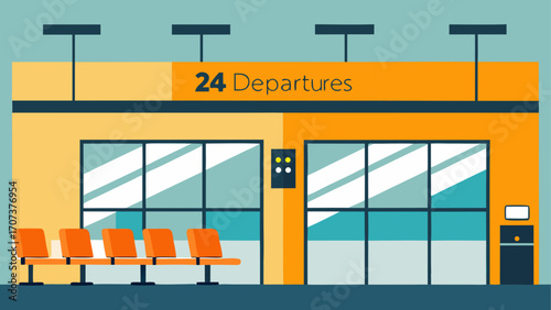 Modern airport departure area with waiting seats and information display