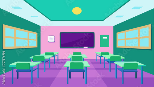 Empty classroom with desks and whiteboard