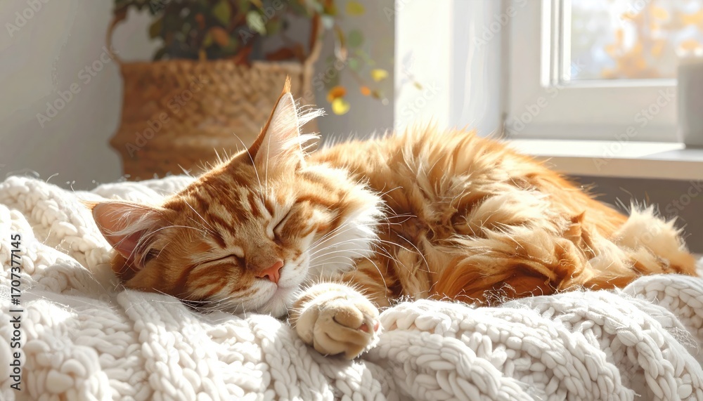 Obraz premium Ginger Cat Sleeping Peacefully on White Knitted Blanket Bathed in Sunlight near Window with Plants and Candle in Background