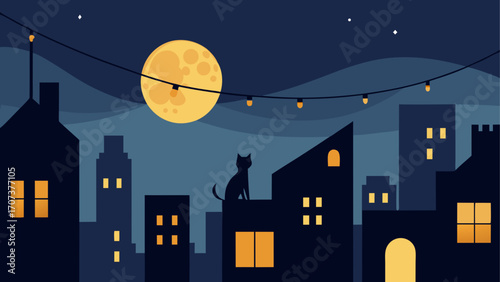 Silhouette cat on rooftop under full moon and string lights