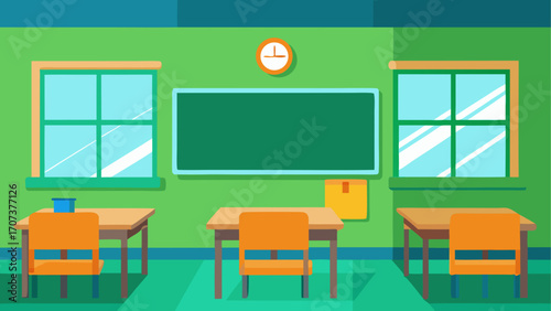 Empty classroom with desks chairs and a chalkboard