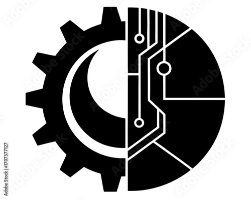 Half gear and half circuit board logo, symbolizing the fusion of mechanical and digital engineering