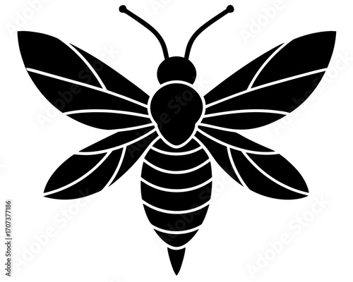 Black silhouette of a bee with detailed wings and body