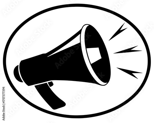 Black and white silhouette illustration of a megaphone emitting sound waves
