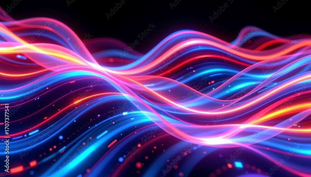 Fototapeta premium Dynamic glowing neon liquid motion, abstract holographic glass textures, smooth curved lines, digital wallpaper.