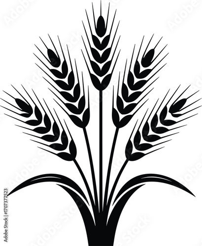 Black and white vector illustration of wheat stalks, agricultural symbol, farming icon, grain crop design, harvest concept, natural food, organic farming art.Black