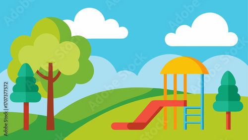 Cartoon playground with slide and trees under a blue sky