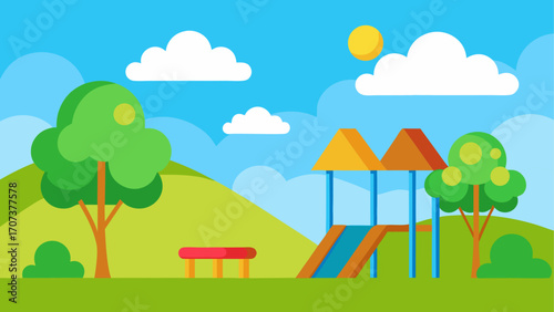 Vibrant cartoon playground with slide and trees under a blue sky