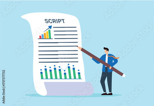 Drafting market strategy, storytelling through analysis, data-driven planning, strategic narrative concept vector illustration. Business analyst writing script with financial data