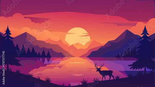 Serene sunset over mountains reflected in a calm lake with a deer