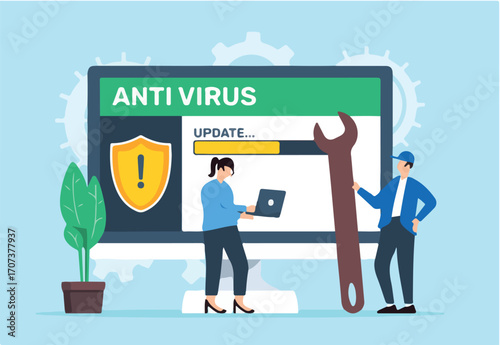 Flat illustration of two people updating antivirus software malware protection and preventing cyber threats