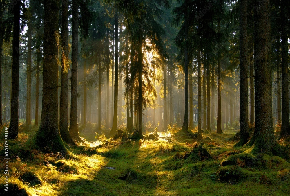 Fototapeta premium Sunlight streams through a dense forest, illuminating moss-covered ground and tall trees reaching towards the sky. Verdant undergrowth adds depth