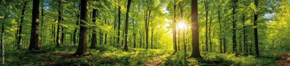 Naklejka premium Sun shines through tall trees in a lush, vibrant forest. The ground is covered in green foliage, creating a serene and natural atmosphere