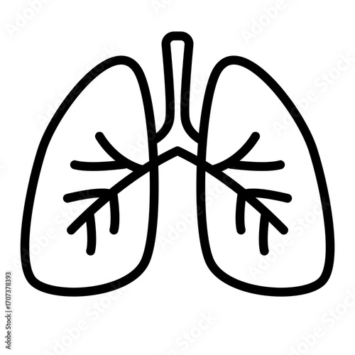 Simple black line icon of human lungs representing respiratory system, health, and medical care