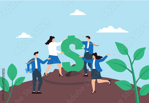 Nurturing investments, strategic growth planning, fostering financial success, cultivating profits concept vector illustration. Team of business analysts planting dollar signs in field