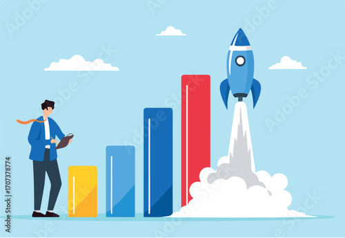 Launching new strategies, accelerating growth, data-driven innovation, strategic planning concept vector illustration. Business analysts guiding rocket with financial graphs