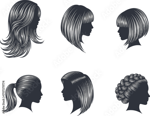 Black and white vector illustration of six different women’s hairstyles in profile view, including braids, ponytail, bob, bangs, wavy, and updo styles