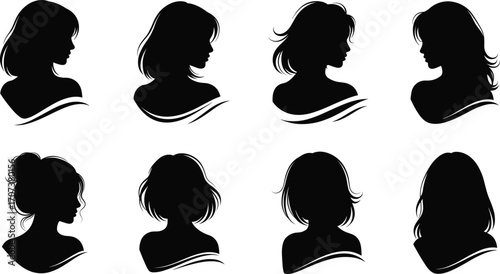 Black silhouette vector illustration of eight women’s profiles with different hairstyles and head positions, showcasing diverse feminine hair designs and styles