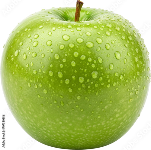 Fresh Green Apple with Water Droplets, Isolated on Transparent Background, Healthy Fruit PNG Cutout
