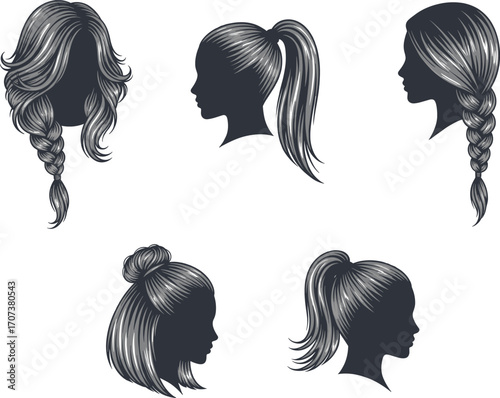 Black silhouette vector illustration of five women’s hairstyles in profile view, featuring braids, ponytails, buns, and wavy hair variations