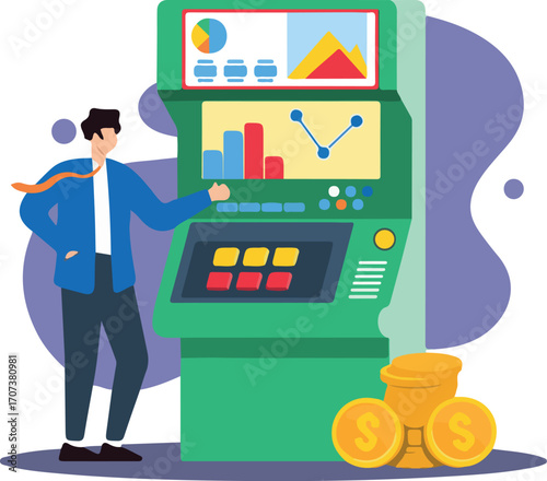 Gamifying market strategy, data-driven decision-making, strategic play, competitive analysis concept vector illustration. Analyst playing arcade game with financial controls