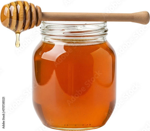 Golden Honey Jar and Wooden Dipper with Dripping Honey, Isolated Transparent Background