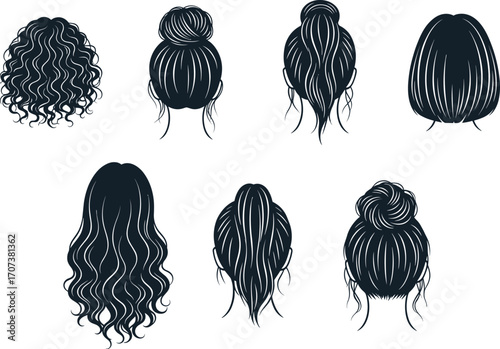 Black silhouette vector illustration of seven women’s hairstyles from back view, featuring curls, buns, ponytails, bobs, and wavy hair designs