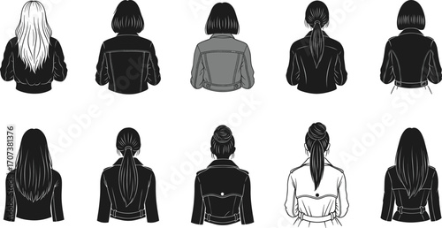 Black silhouette vector illustration of ten individuals from back view, featuring diverse women’s hairstyles and jackets, showcasing fashion and personal style variations