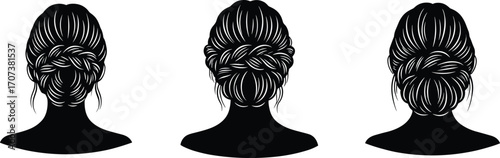Black silhouette vector illustration of three women’s elegant updo hairstyles from back view, featuring braided buns, twists, and voluminous textured designs