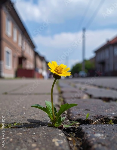 Yellow flower sprouts from cracks in sidewalk