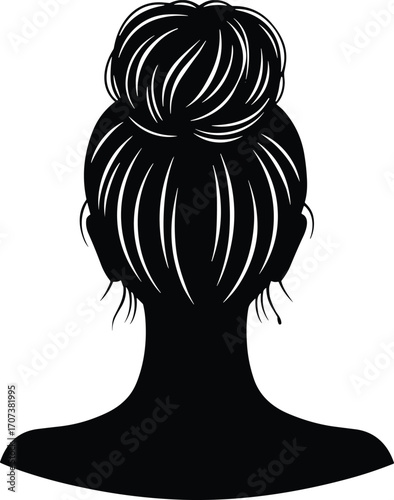 Black silhouette vector of high bun hairstyle from back view with detailed hair strands, beauty salon fashion hair design illustration for styling