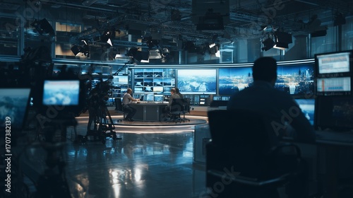 Television newsroom with journalists camera operators and production crew managing live broadcast with studio cameras large screens and graphics in professional modern studio