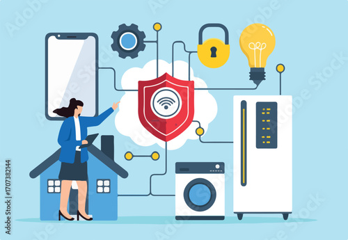 Flat illustration of woman managing IoT security internet of things protection