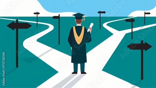 illustration of a graduate at a crossroads in life symbolizes choices and the future after graduation vector design template