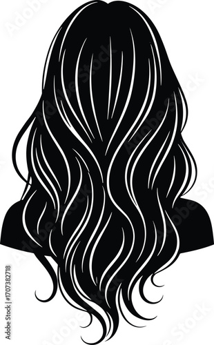 Black silhouette vector of long wavy hairstyle from back view with voluminous curls, beauty salon fashion hair design illustration for styling