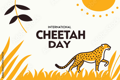 International Cheetah Day. Stylized cheetah running across savanna with abstract grass and sun. Flat vector illustration.