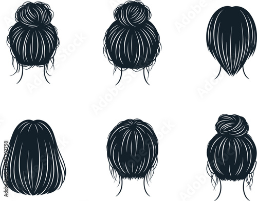 Black Silhouette Vector Set of Women’s Hairstyles from Back View Featuring Buns, Updos, and Long Hair for Fashion and Beauty Design
