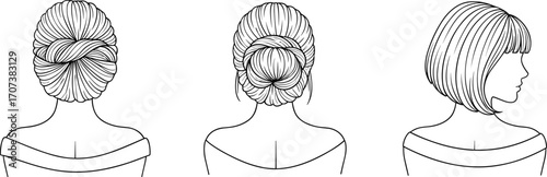 Detailed black and white vector illustration of three different women’s hairstyles from back and side views, including elegant buns and short bob cut