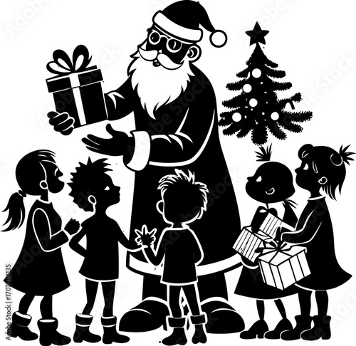 Santa giving gifts to children at a Christmas party silhouette  vector black , white background
