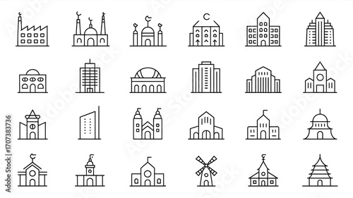Minimalist building line icon set with editable strokes, showcasing factories, mosques, apartments, stadiums, skyscrapers, museums, schools, churches, mills, windmills, and pagodas.