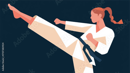 illustration of a woman performing a high kick in a martial arts position vector design template