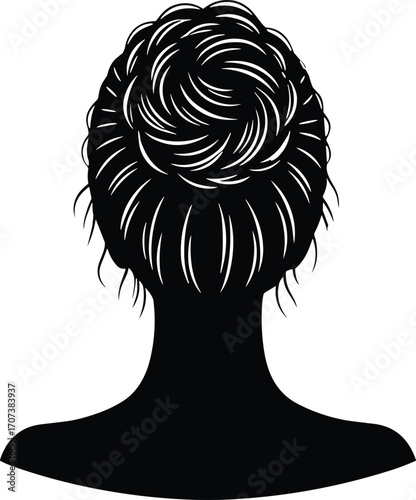 Elegant black and white female hair bun silhouette, detailed hairstyle vector, back view woman head illustration, fashion beauty design element