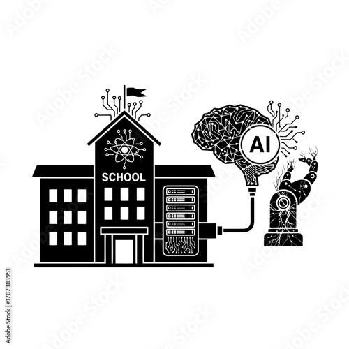 Ai powered school building vector illustration smart technology education learning data integration vector