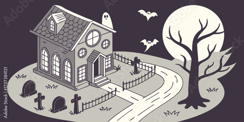 Haunted house and graveyard illustration. Creepy mansion, ghosts, tombstones, and full moon background. Dark and mysterious Halloween scene. Isometric/vector illustration.