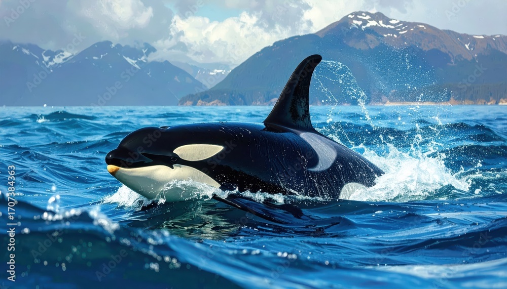 Obraz premium A majestic orca glides through the blue waves of a pristine ocean, with snow-capped mountains in the background, showcasing the power and beauty of nature's wildlife.