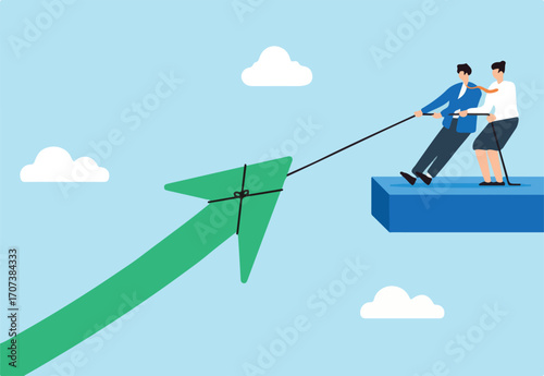 Driving business growth, increasing sales performance, collaborative effort in strategic planning, positive market trend concept vector illustration. Team pulling giant arrow upwards