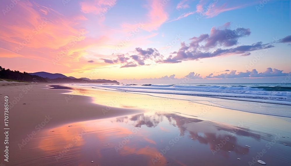 Fototapeta premium Glowing Horizon with Subtle Orange and Purple Gradients Reflecting on a Calm Sandy Beach at Sunset with Cloud Formations